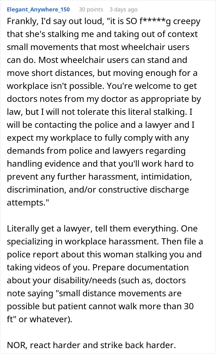 Text screenshot showing a person discussing workplace harassment and disability proof in response to coworker filming after work.