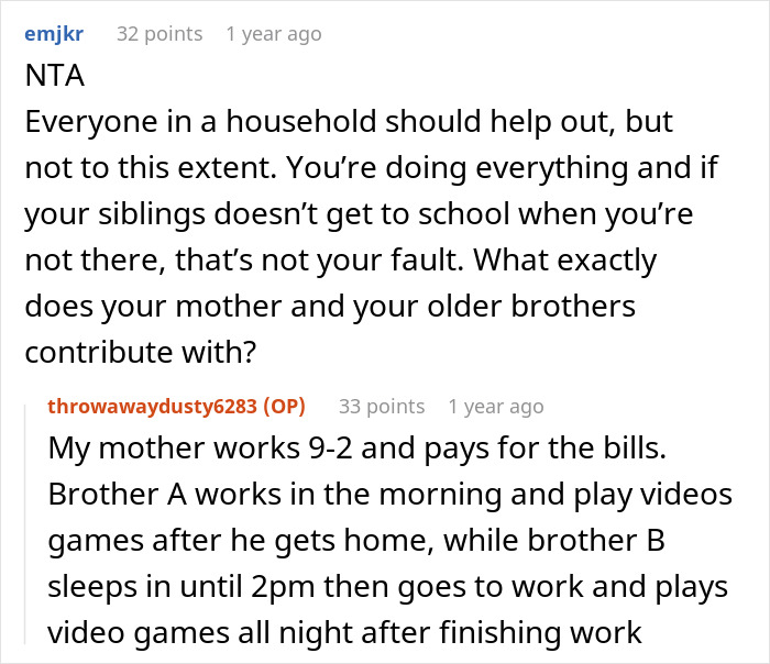 Screenshot of a Reddit conversation about burnout from managing chores and school and frustrations with family contributions. Screenshot of a Reddit conversation about burnout from managing chores and school and frustrations with family contributions.
