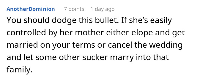 Commenter advises groom to refuse marriage as mother dictates wedding attire, emphasizing control issues in the relationship.