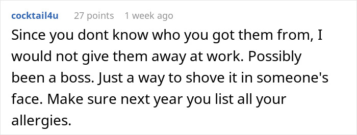 Comment from user cocktail4u sharing advice on handling a possible passive-aggressive gift at daycare workplace. Comment from user cocktail4u sharing advice on handling a possible passive-aggressive gift at daycare workplace.