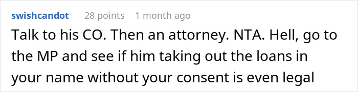 Screenshot of an online comment discussing legal advice after husband blames SAHM wife for financial problems.
