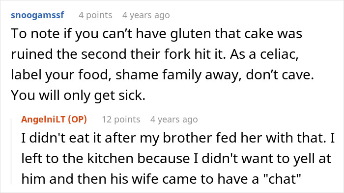 Comment explaining refusing to give food to little niece due to gluten allergy and family conflict over it. Comment explaining refusing to give food to little niece due to gluten allergy and family conflict over it.