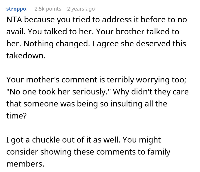 Screenshot of Reddit comment discussing family insults and addressing a lady insulting SIL's hubby before revealing partner’s indiscretions.