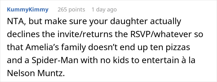 Reddit comment advising parent about whether to make daughter attend a birthday everyone is skipping Reddit comment advising parent about whether to make daughter attend a birthday everyone is skipping