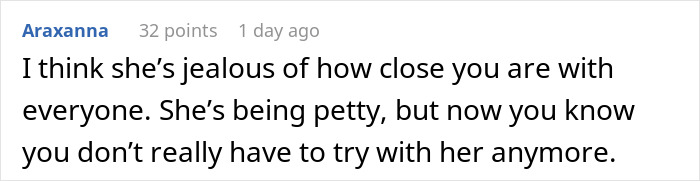 Comment about jealousy and pettiness causing drama as bride enters new family excluding sister-in-law from wedding photos. Comment about jealousy and pettiness causing drama as bride enters new family excluding sister-in-law from wedding photos.