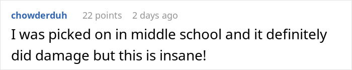 Screenshot of a Reddit comment about being picked on in middle school relating to fianc&eacute;e&rsquo;s obsession with her bully.