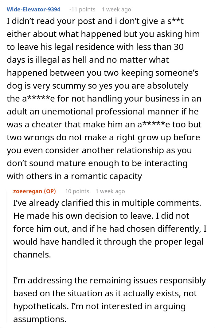 Online discussion showing woman unable to handle ex&rsquo;s dog, threatening to take it to shelter, with ex not intervening.