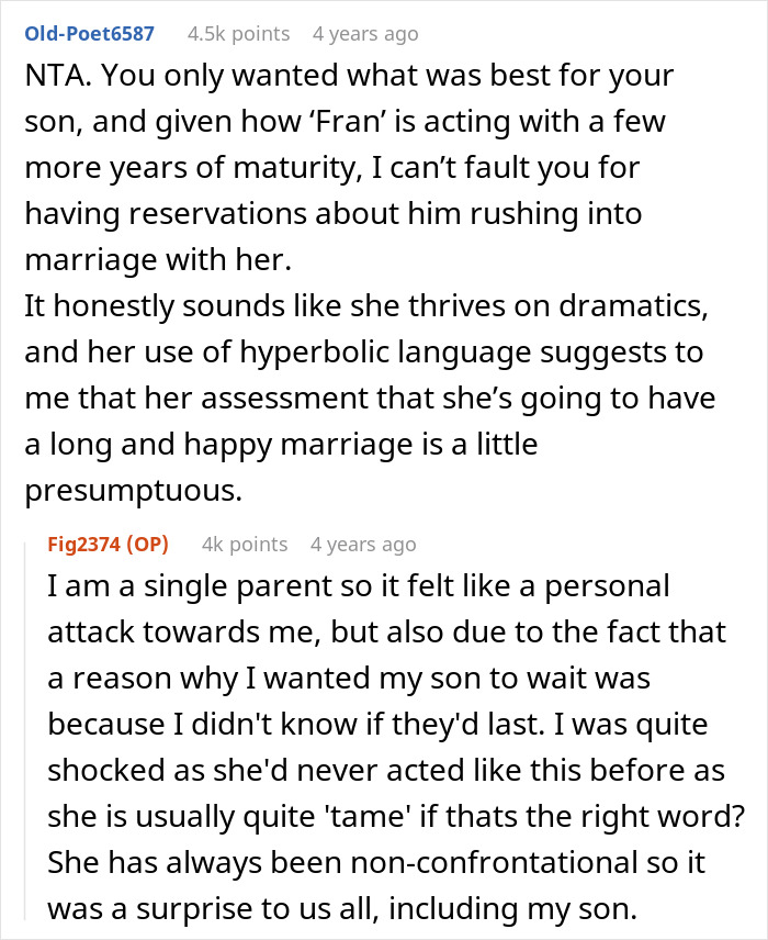 Reddit discussion showing a mom urging son not to marry girlfriend straight after high school, causing long-term grudge.