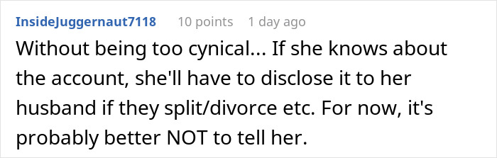 Comment discussing a woman worried about her tradwife sister and secretly starting a fund for her financial support. Comment discussing a woman worried about her tradwife sister and secretly starting a fund for her financial support.