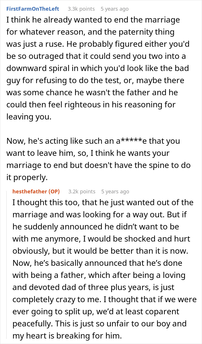 Reddit conversation discussing a guy demanding a paternity test for his 3-year-old son and family therapy advice.
