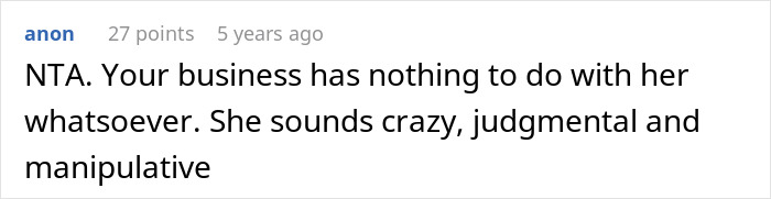 Screenshot of an online comment criticizing a judgmental and manipulative mother-in-law in a relationship dispute. Screenshot of an online comment criticizing a judgmental and manipulative mother-in-law in a relationship dispute.