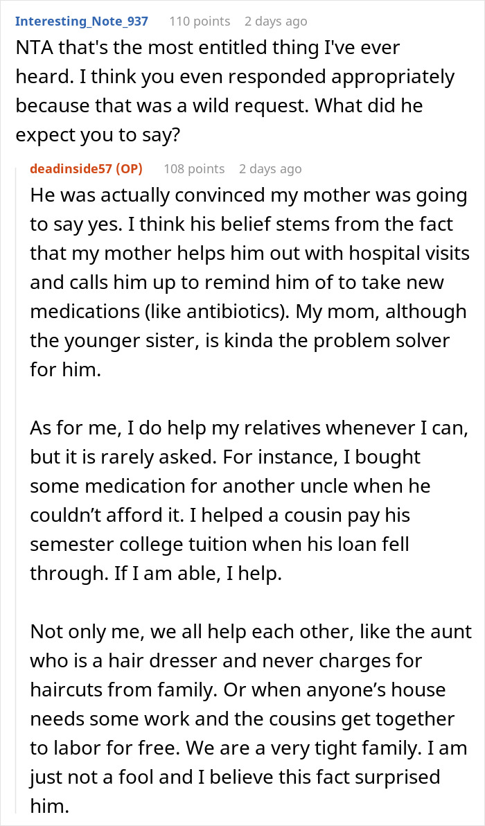 Reddit user discusses entitled uncle expecting niece to be his retirement plan and calls her cruel when laughed off. Reddit user discusses entitled uncle expecting niece to be his retirement plan and calls her cruel when laughed off.