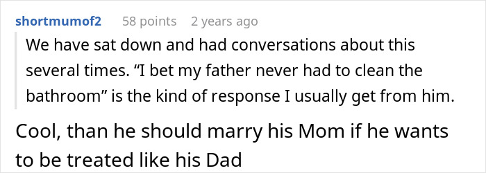 Screenshot of a Reddit comment discussing family dynamics, relating to a wife living like her husband and his reaction.