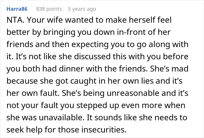 Guy embarrasses wife: screenshot of Reddit comment about wife lying and getting caught, user Harra86 838 points Guy embarrasses wife: screenshot of Reddit comment about wife lying and getting caught, user Harra86 838 points