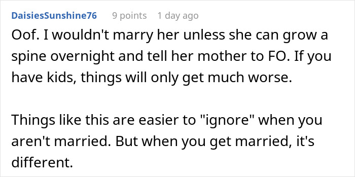 Screenshot of a Reddit comment discussing a groom refusing marriage due to mother dictating wedding attire.