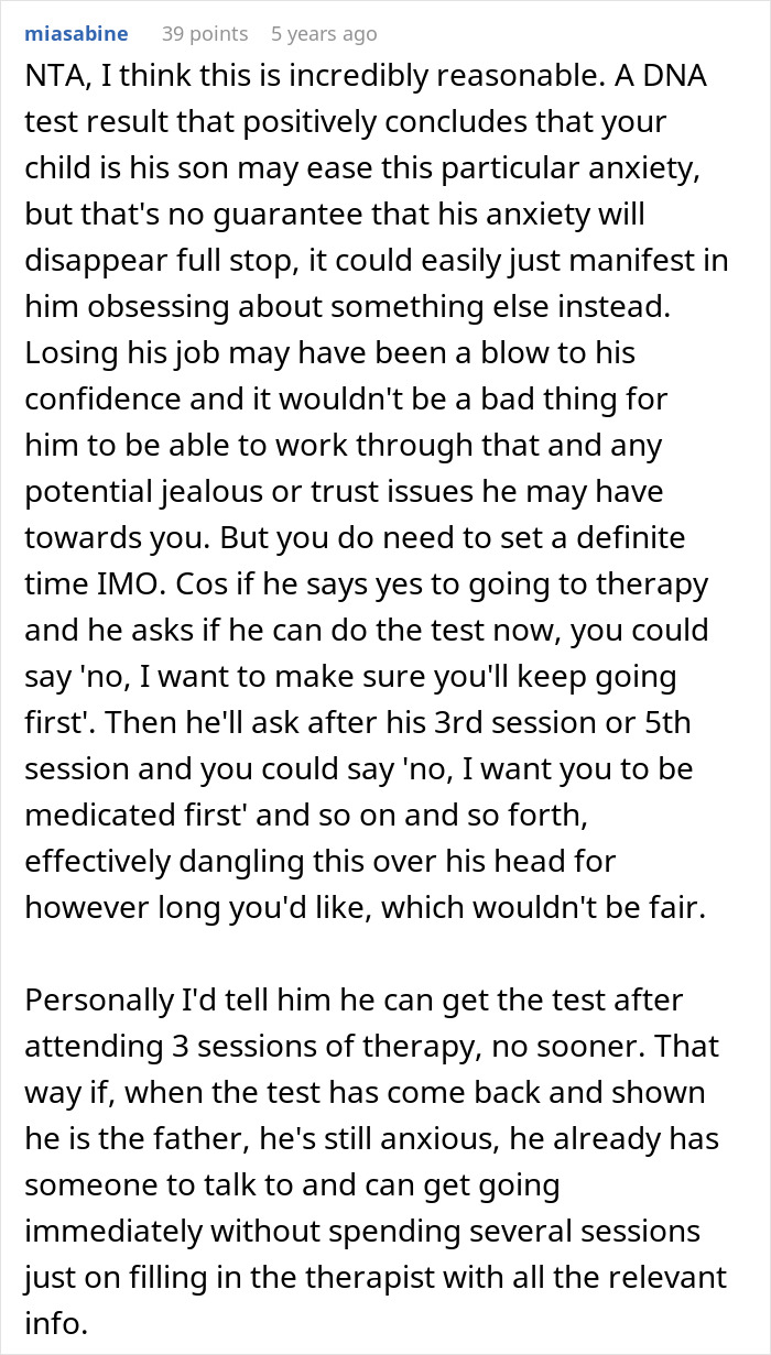 Comment explaining reasonableness of a paternity test demand and suggesting therapy for 3-year-old son&rsquo;s father&rsquo;s anxiety.