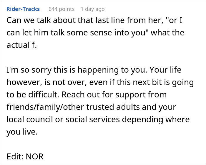 Screenshot of a Reddit comment discussing support for a child thrown out on the street by mom for a random guy. Screenshot of a Reddit comment discussing support for a child thrown out on the street by mom for a random guy.