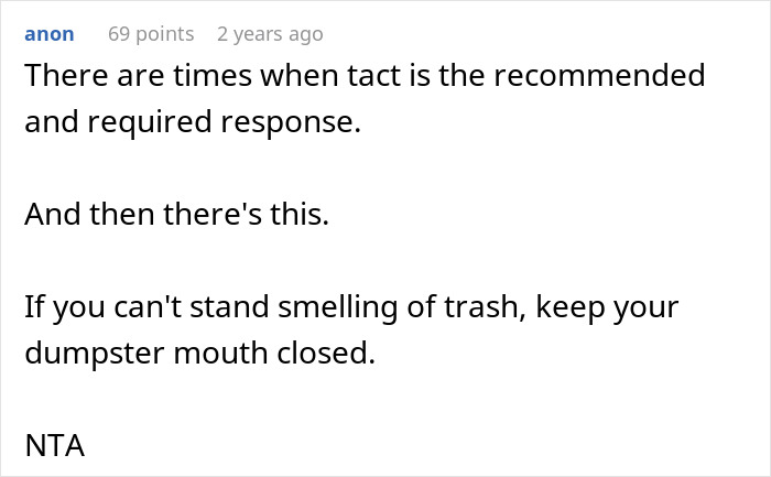 Screenshot of a user comment discussing tact and insults related to a lady insulting SIL's hubby and partner’s indiscretions.