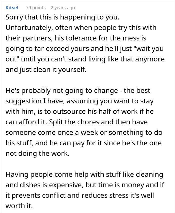 Comment discussing a wife living like her husband and his reaction to her adopting his lifestyle and chores approach.
