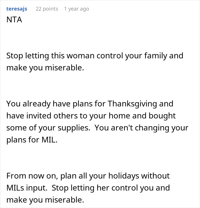 Comment discussing woman refusing to attend MIL&rsquo;s Thanksgiving after being reinvited due to other guests flaking.