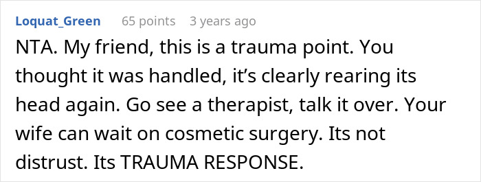 Comment discussing trauma response linked to wife’s cosmetic upgrade and related marital infidelity issues.