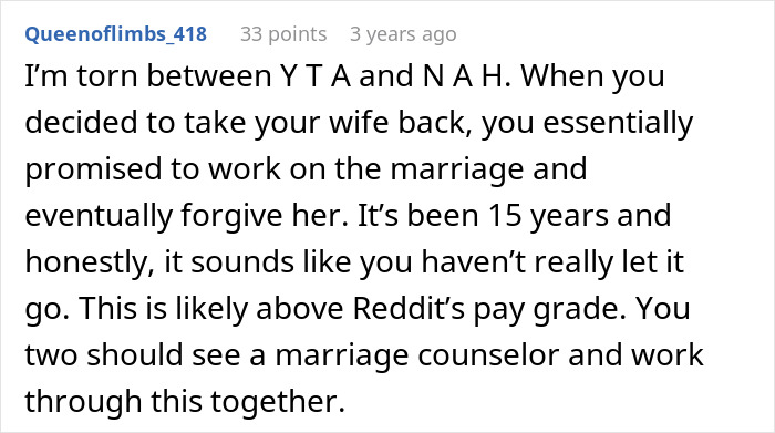 Reddit comment discussing wife’s cosmetic upgrade, infidelity, and husband’s emotional struggle after 15 years of marriage.