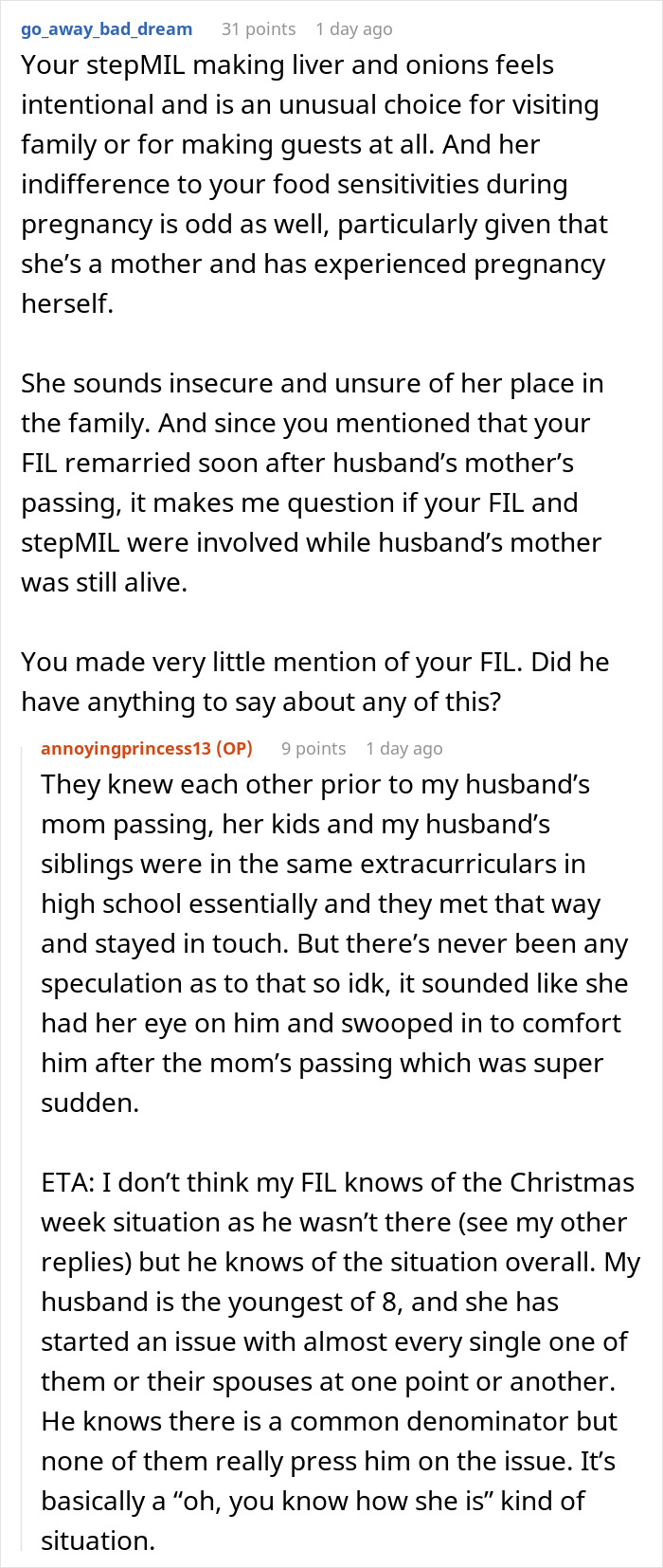 Pregnant woman refuses expired food in her pantry from 1999, causing tension with mother-in-law over meals. Pregnant woman refuses expired food in her pantry from 1999, causing tension with mother-in-law over meals.