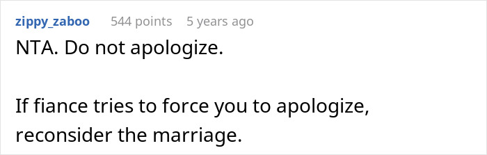 Screenshot of an online comment advising not to apologize and reconsider marriage if pressured, related to finances conflict. Screenshot of an online comment advising not to apologize and reconsider marriage if pressured, related to finances conflict.
