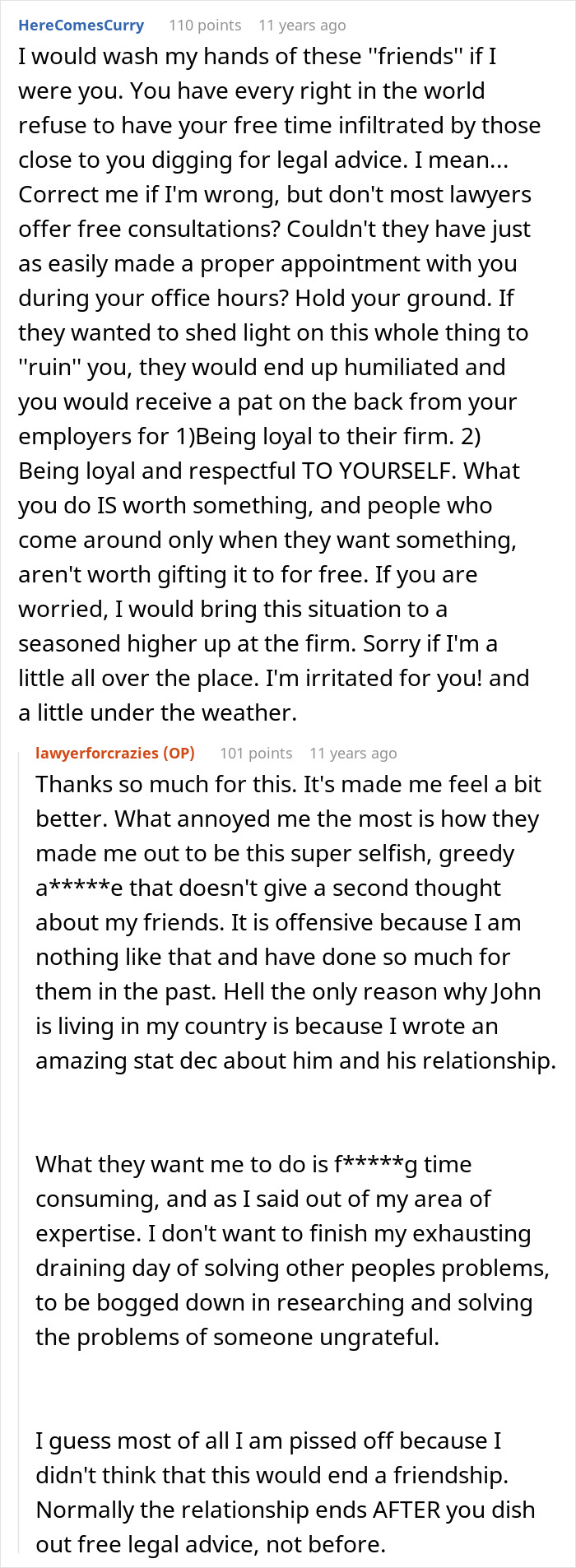 Text conversation about a woman refusing to risk her new career by giving free legal advice to friends.