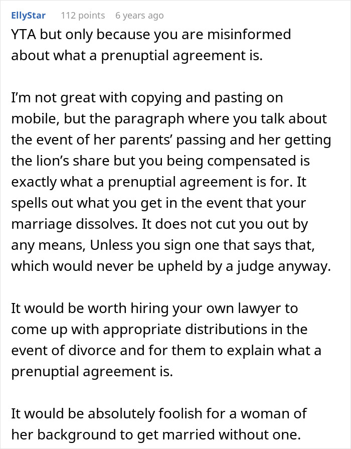 Comment explaining the importance of a prenuptial agreement and suggesting legal advice for appropriate distribution terms.