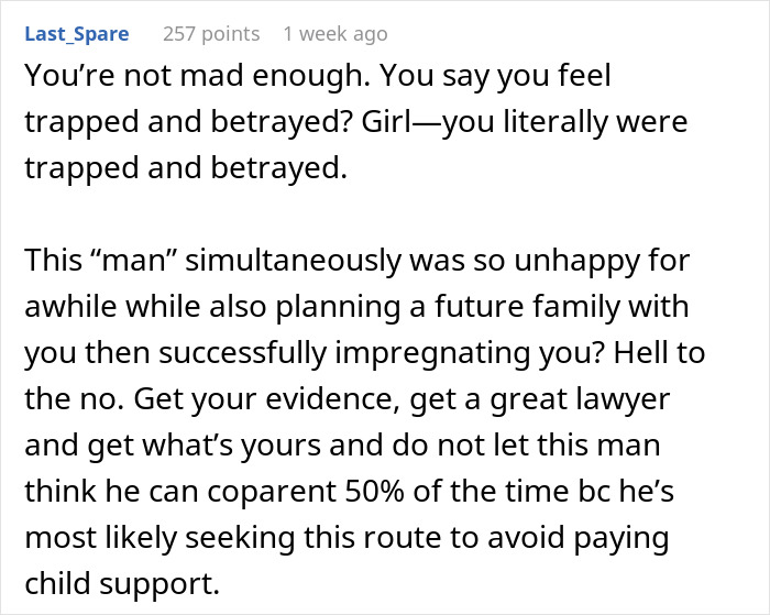Comment discussing concerns about co-parenting challenges after a bipolar man leaves pregnant wife for young lover.