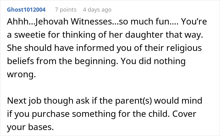 Babysitter hands a birthday gift to a mother who looks furious during a tense home celebration.