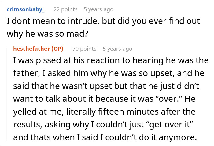 Reddit conversation showing a man upset after paternity test results for his 3-year-old son, wife suggests therapy instead. Reddit conversation showing a man upset after paternity test results for his 3-year-old son, wife suggests therapy instead.