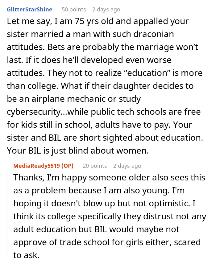 Conversation about woman worried about sister who became a tradwife, discussing education and secret fund started for her.