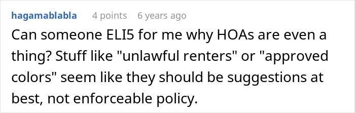 Text post on HOA policies questioning enforceability of rules with phrases unlawful renters and approved colors. Text post on HOA policies questioning enforceability of rules with phrases unlawful renters and approved colors.