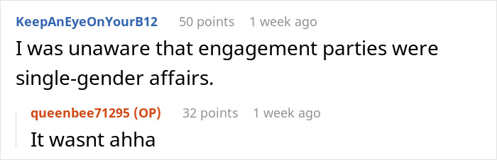 Screenshot of a social media comment thread discussing engagement parties and a friendship conflict.