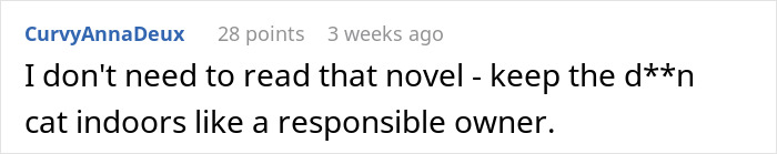 Comment about keeping a cat indoors like a responsible owner in an online discussion about a cat disappearing for days.