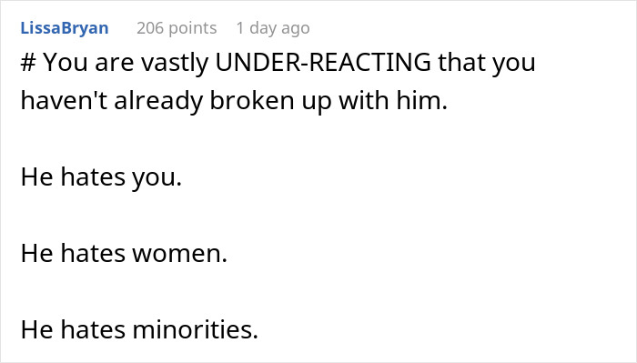 Comment text highlighting a woman discovering her boyfriend is an internet troll and one of his victims, expressing strong negative feelings.