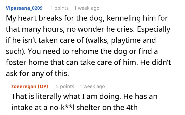 Screenshot of an online discussion about a woman threatening to take her ex&rsquo;s dog to a shelter and lack of intervention.