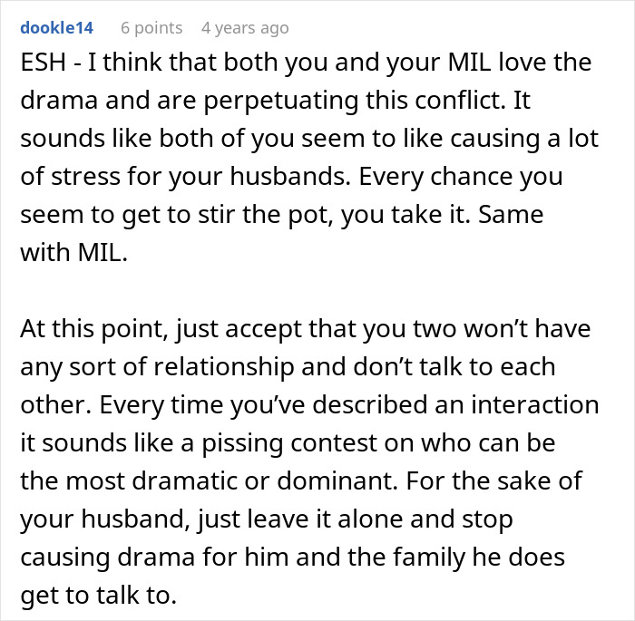 Comment discussing how lying MIL is ruining family relationships by causing ongoing drama and stress between spouses.