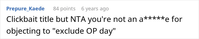 Screenshot of online comment discussing a guy furious after family excludes him from girl days, showing debate about immaturity. Screenshot of online comment discussing a guy furious after family excludes him from girl days, showing debate about immaturity.