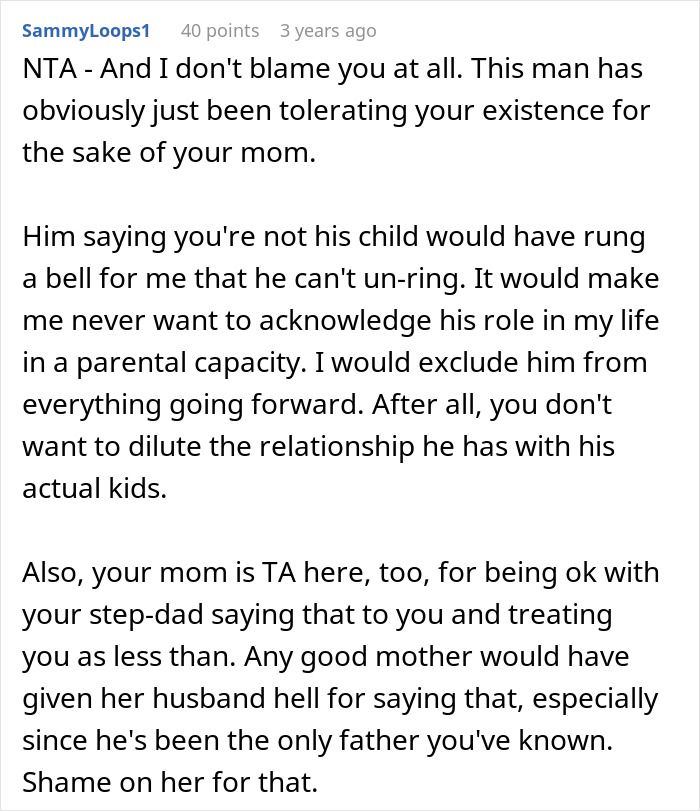 Comment discussing a teen calling out stepdad for ignoring him and mom defending him as 95% dad.