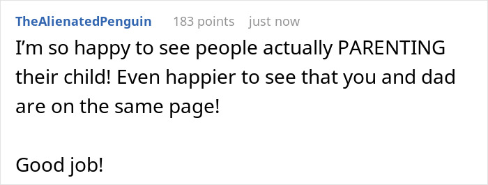 Screenshot of a Reddit comment praising parents for effective co-parenting and positive child discipline. Screenshot of a Reddit comment praising parents for effective co-parenting and positive child discipline.
