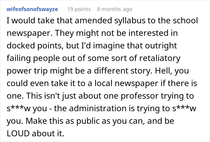 Comment on an online forum about students pushing back after a professor enforces a strict phone rule affecting their grades.