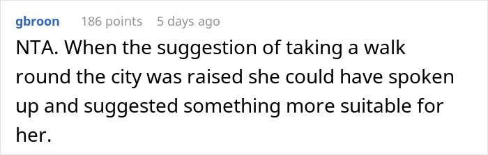 Comment discussing a woman upset with a friend for an unplanned walking trip despite her diabetes concerns.