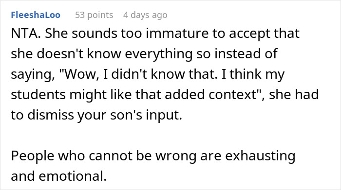 Screenshot of a Reddit comment discussing a teacher being corrected by a kid and the dad supporting the kid’s fun fact. Screenshot of a Reddit comment discussing a teacher being corrected by a kid and the dad supporting the kid’s fun fact.