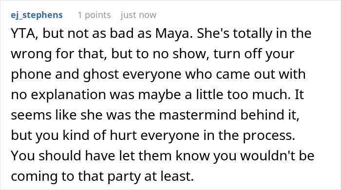 Reddit comment discussing a woman blasted for skipping her birthday party sister organized due to ex being invited.