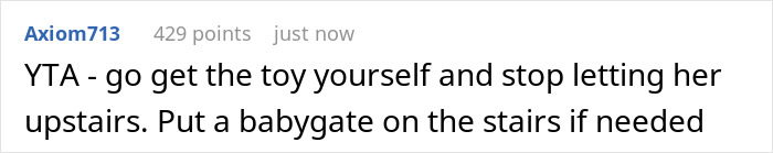 Online comment discussing dad struggling to keep toddler away from mom so she can study, mentioning babygate advice. Online comment discussing dad struggling to keep toddler away from mom so she can study, mentioning babygate advice.