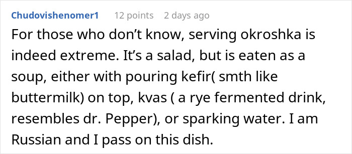 Comment explaining traditional gross food okroshka as extreme salad soup with kefir or kvas, highlighting cultural food reaction.