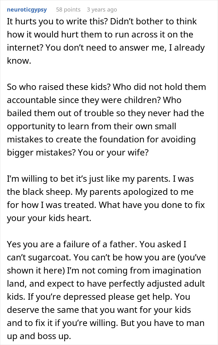 Comment discussing accountability and failure in parenting, addressing a father's role in children&rsquo;s outcomes.